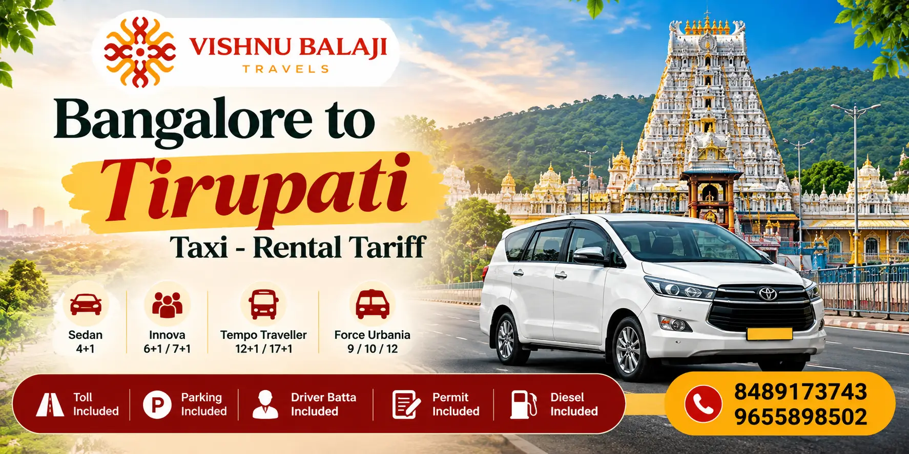 Bangalore To Tirupati Taxi Rental Tariff