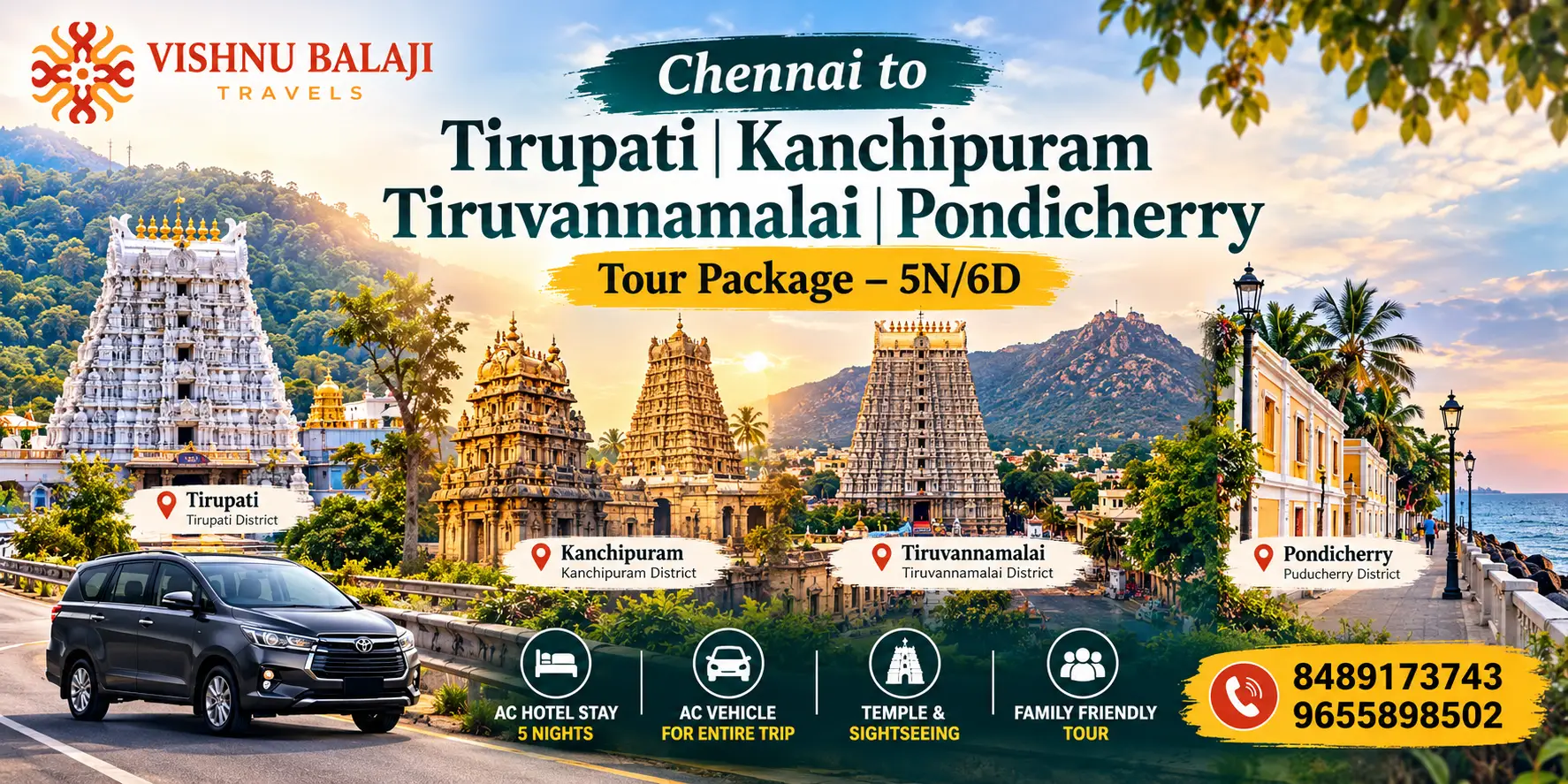 Chennai Tirupati Kanchipuram Tiruvannamalai Pondicherry Tour Package