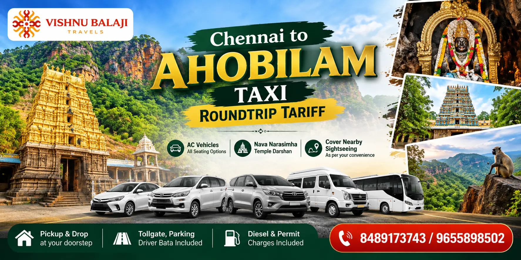 Chennai To Ahobilam Taxi Roundtrip Tariff